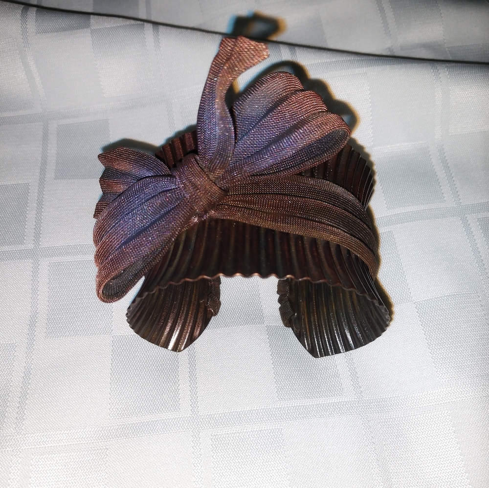 Pleated Metal Cuff Bracelet with Iridescent Wire Mesh Bow